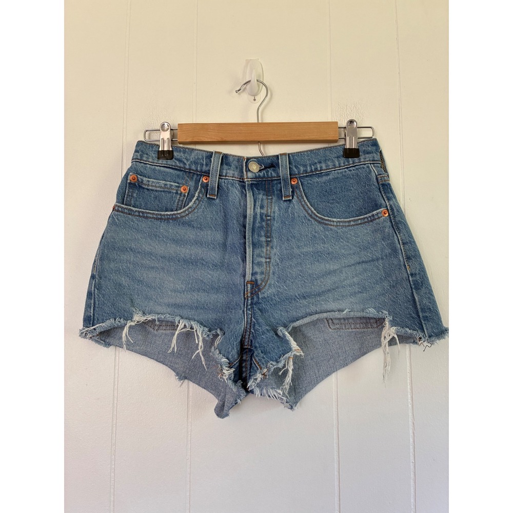 Levis 501 Original High Rise Denim Shorts Medium Wash Blue Cut Offs Womens 28